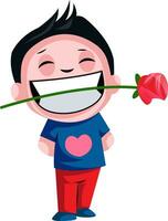 Boy carrying rose in his teeth illustration vector on white background