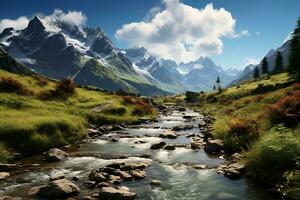 AI generated The mountains are covered in snow and the river is flowing through a valley with green grass and trees. The sky is blue with white clouds. photo