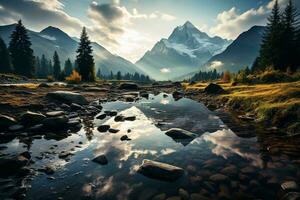 AI generated a mountain range with a river in the foreground. The photo is taken during sunrise or sunset, with the sun shining through the clouds.