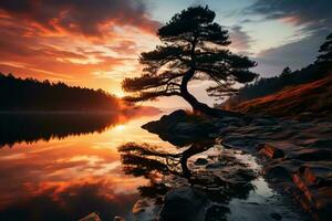 AI generated A lone tree silhouetted against a fiery sunset sky stands tall on the shore of a tranquil lake. The water reflects the golden hues of the sunset photo