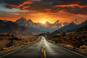 AI generated a long winding road leading towards a mountain range. The sky is ablaze with orange and red hues, creating a dramatic backdrop for the scene. photo