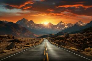 ai generado un largo devanado la carretera líder hacia un montaña rango. el cielo es ardiendo con naranja y rojo matices, creando un dramático fondo para el escena. foto