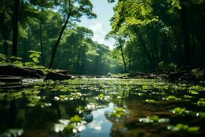 AI generated A breathtaking landscape of a forest with a stream running through it. The stream is covered in lily pads and the trees are tall and green. photo