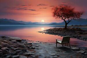 AI generated A serene lake scene at sunrise with a tree and bench in the foreground. The sky is a beautiful orange and pink color and the water is calm and peaceful. photo