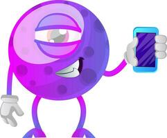 Purple monster holding a smartphone illustration vector on white background