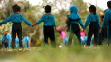 magelang, Indonésia.12-05-2023.vídeo cenas grupo do Jardim da infância escola crianças e professores jogando e Aprendendo ao ar livre video