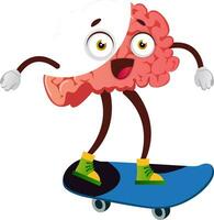 Brain riding a skateboard, illustration, vector on white background.