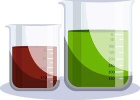 dos vasos de precipitados con rojo y verde fluido vector ilusión en blanco antecedentes.