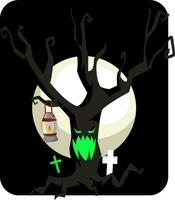 Scarry monster tree in front of full moon vector illustration on white background.