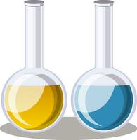 Vector illustration of two science beakers with yellow and blue fluid on white background.