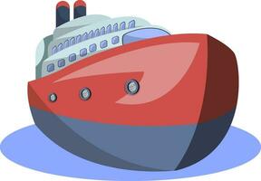 Front view of red and blue vector illustration of big ship on white background.