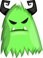 Vector illustration on white background of grumpy green monster with big black horns.
