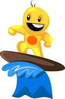 Yellow creature surfing on the wave vector illustration on a white background