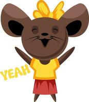 Brown mouse with yellow bow spreading hands and saying Yeah vector illustration on a white background