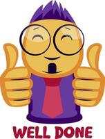 Yellow guy showing two thumbs up saying Well done vector illustration on a white background