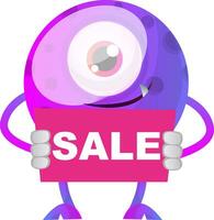 Purple monster holding pink sale sign illustration vector on white background