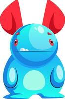 Vector illustration of confused blue monster character with huge red ears on white background.