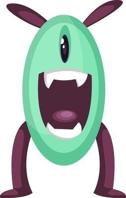 Excited green monster character with purple legs and ears vector illustration on white background.