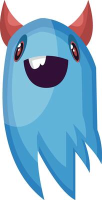 Happy blue ghost cartoon character with big smile and red horns white background vector illustration.