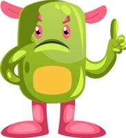 Angry green cartoon monster with pink ears and legs white background vector illustration.