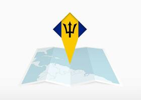 Barbados is depicted on a folded paper map and pinned location marker with flag of Barbados. vector