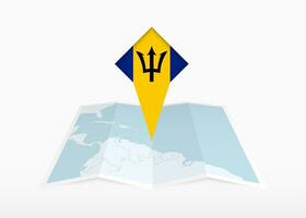 Barbados is depicted on a folded paper map and pinned location marker with flag of Barbados. vector