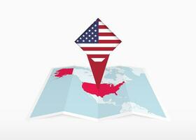 Estados Unidos es representado en un doblada papel mapa y clavado ubicación marcador con bandera de EE.UU. vector