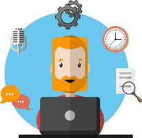 Man with beard working in front of his laptop coming up with ideas deadline communication  white background vector illustration