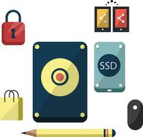 Print harddrive and ssd with a pen a lock and a paperbag and data transferon white background vector illustration