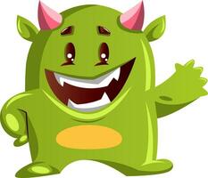 Imaginary green monster with pink horns smiling and waving on white background vector illustration.