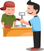 Print man paying with credit card in the store on white background vector illustration