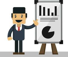 Businessman in suit pointing on  board with chart in office on white background vector illustration.