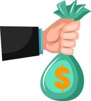 Hand holding moneybag with dollar sign on white background vector illustration.