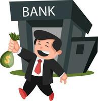 Print man coming out of a bank with a dollar bag in his hand on white background vector illustration