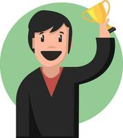 Print man holding a winning cup on white background vector illustration