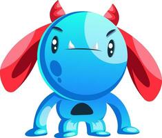 Blue cartoon monster with red ears and horns white background vector illustration.