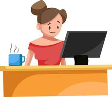 impresión mujer sentado a el mesa trabajando a el computadora en blanco antecedentes vector ilustración