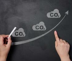 A chart depicting the rise of carbon dioxide levels and female hands with chalk on a whiteboard photo