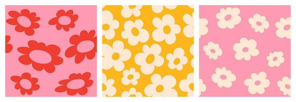 Set of seamless patterns of flowers in groovy style vector