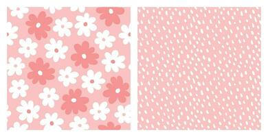 Set of seamless patterns of flowers and polka dots, hand drawn vector