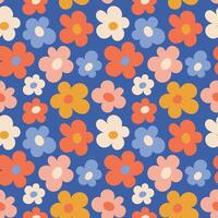 Seamless pattern of simple multi-colored flowers on a blue background vector