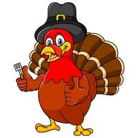 Thanksgiving turkey mascot holding fork and wearing a pilgrim hat vector