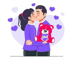 Flat vector of boy gives his girlfriend a teddy bear on Teddy Day