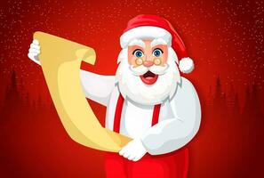 Happy Santa Claus reading wish list letters from children on the occasion of Christmas. Santa Claus looking at camera and smiling vector