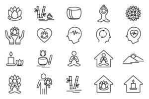 meditación icono colocar. loto flor, yoga, meditación, mándala, zen jardín, mental, etc. línea icono estilo diseño. sencillo vector diseño editable