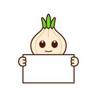 Cute Garlic Character Holding a Blank Sign vector