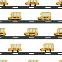 Cute kawaii school bus on the road seamless pattern. Hand drawn Kids style vector