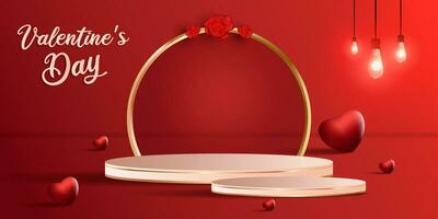 set of product podiums with a dark red background on a Valentine's Day theme vector