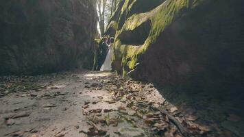 mariage couple qui sont entre le rochers sur une ensoleillé journée. une homme approches une femme, le du soleil des rayons brillant dans le caméra avec une rétro-éclairage. éblouissement de lumière est réfléchi dans le caméra. video