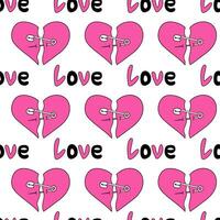 Seamless Pattern with hearts and text love in emo style. Y2k. Black and pink. Broken heart with pin. Vector flat illustration.